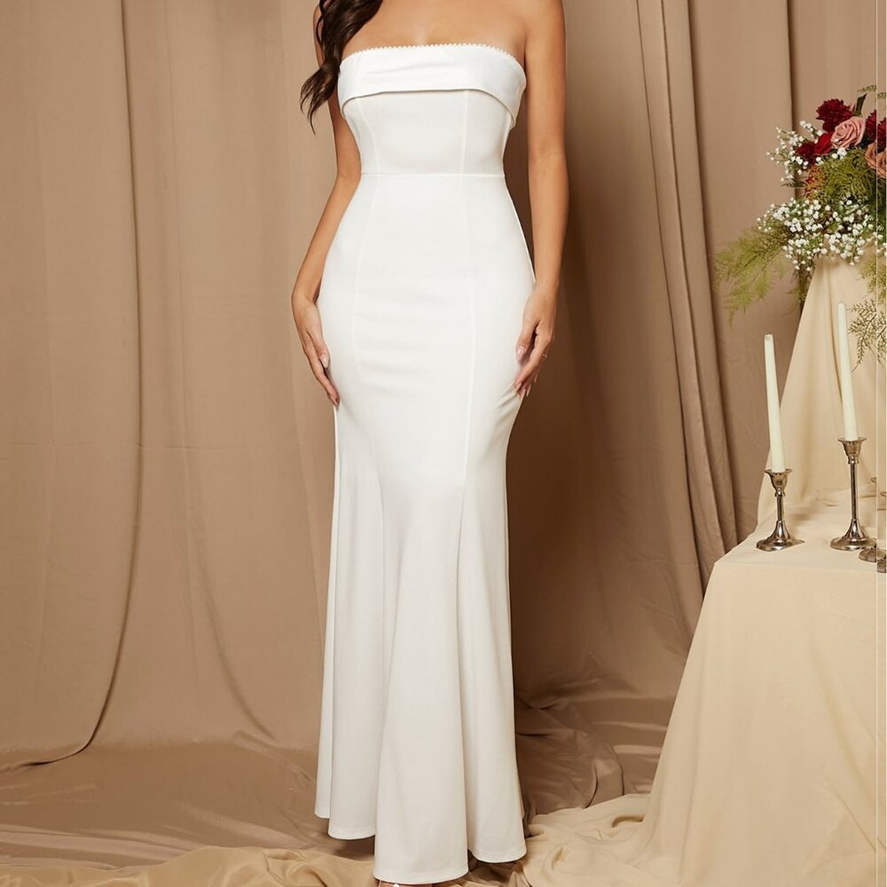 White Elegant Women's Tie Backless Tube Wedding Dress Bridal Dress - Picture 5 of 8